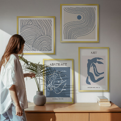 Conjunto de 4 quadros com moldura pôster abstrato com linhas e ondas