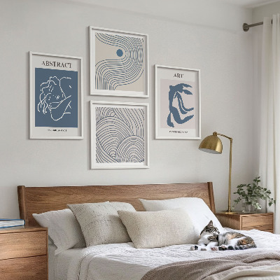 Conjunto de 4 quadros com moldura pôster abstrato com linhas e ondas
