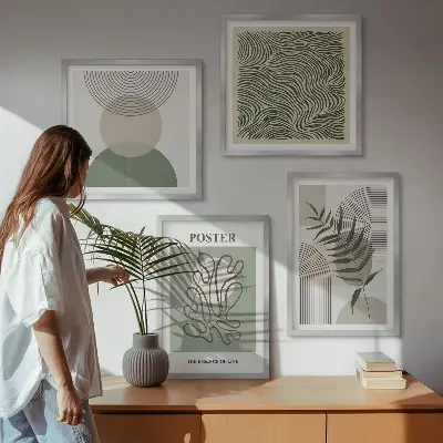 Conjunto de 4 quadros com moldura com padrões botânicos geométricos