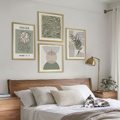 Conjunto de 4 quadros com moldura padrões botânicos geométricos