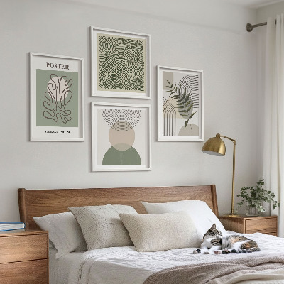 Conjunto de 4 quadros com moldura padrões botânicos geométricos