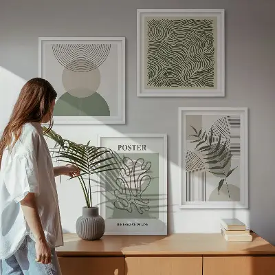 Conjunto de 4 quadros com moldura com padrões botânicos geométricos