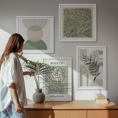 Conjunto de 4 quadros com moldura padrões botânicos geométricos