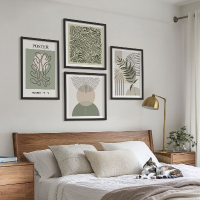 Conjunto de 4 quadros com moldura padrões botânicos geométricos