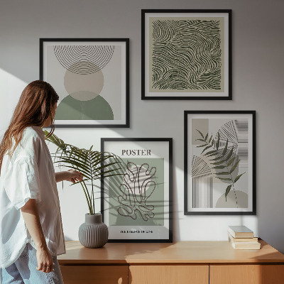 Conjunto de 4 quadros com moldura padrões botânicos geométricos