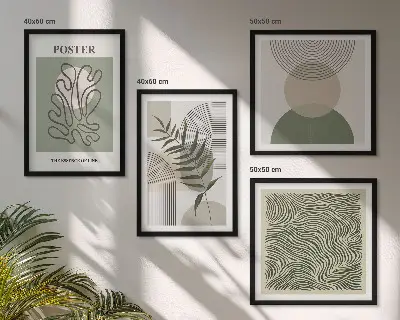 Conjunto de 4 quadros com moldura com padrões botânicos geométricos