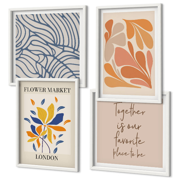 Conjunto de 4 quadros com moldura flores abstratas modernas