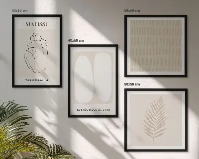 Composição de quadros com linhas e formas em bege e branco