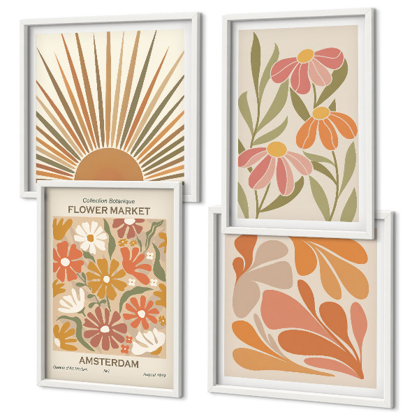Conjunto de 4 quadros com moldura Girassóis em tons pastel