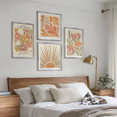 Conjunto de 4 quadros com moldura Girassóis em tons pastel