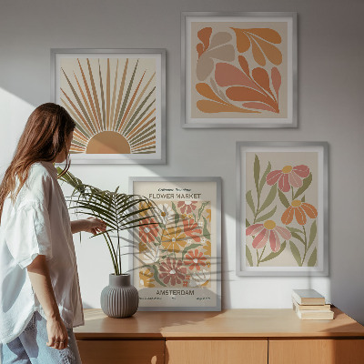 Conjunto de 4 quadros com moldura Girassóis em tons pastel