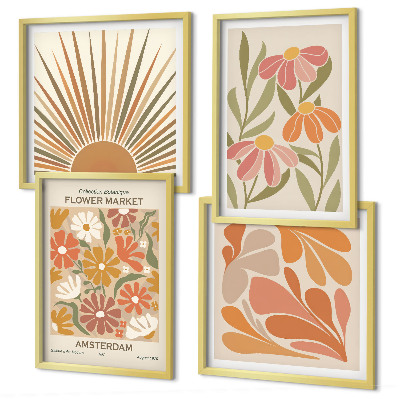 Conjunto de 4 quadros com moldura Girassóis em tons pastel