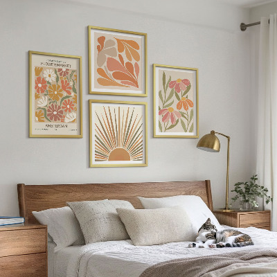Conjunto de 4 quadros com moldura Girassóis em tons pastel