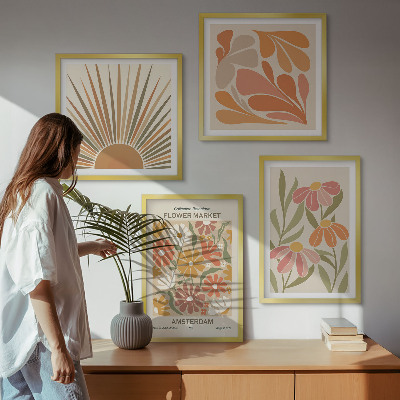 Conjunto de 4 quadros com moldura Girassóis em tons pastel