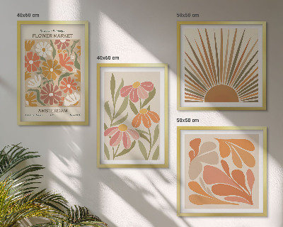 Conjunto de 4 quadros com moldura Girassóis em tons pastel