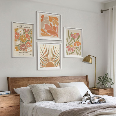 Conjunto de 4 quadros com moldura Girassóis em tons pastel