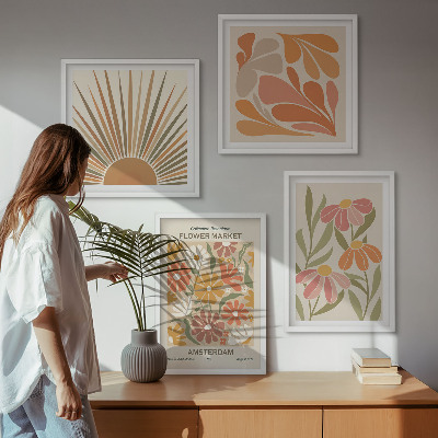 Conjunto de 4 quadros com moldura Girassóis em tons pastel