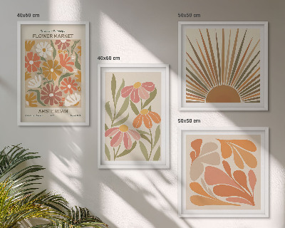 Conjunto de 4 quadros com moldura Girassóis em tons pastel