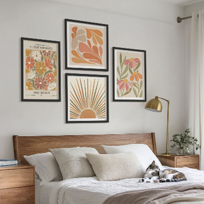 Conjunto de 4 quadros com moldura Girassóis em tons pastel