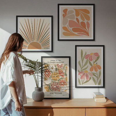 Conjunto de 4 quadros com moldura Girassóis em tons pastel