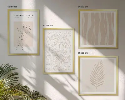 Conjunto de 4 quadros com moldura com motivos vegetais minimalistas
