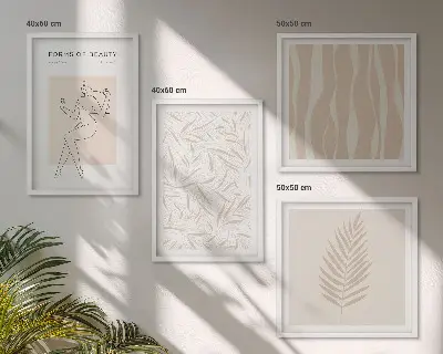 Conjunto de 4 quadros com moldura com motivos vegetais minimalistas