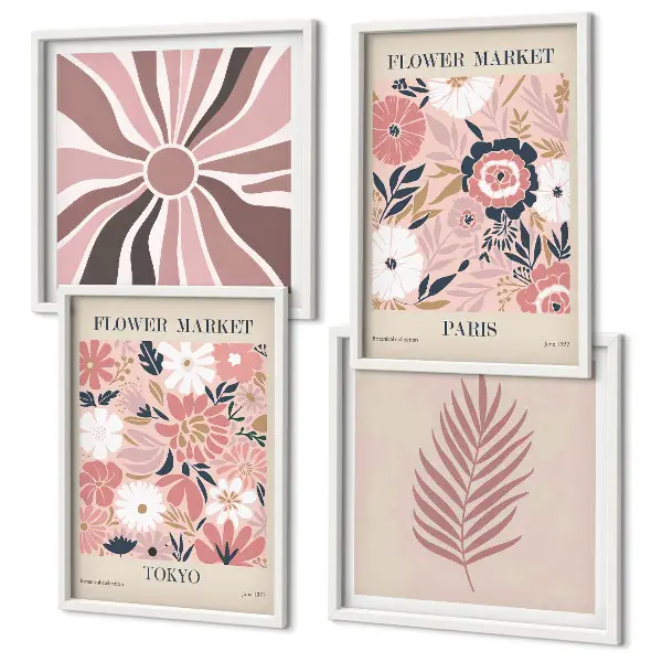 Conjunto de 4 quadros com moldura com padrões florais, folhas e geometria