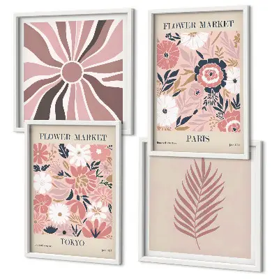 Conjunto de 4 quadros com moldura com padrões florais, folhas e geometria