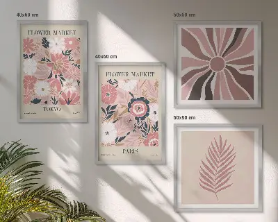 Conjunto de 4 quadros com moldura com padrões florais, folhas e geometria