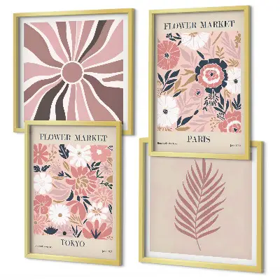 Conjunto de 4 quadros com moldura com padrões florais, folhas e geometria