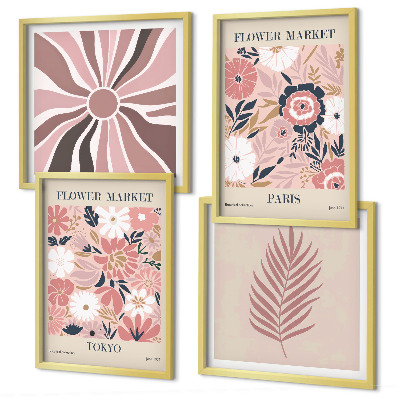 Conjunto de 4 quadros com moldura Padrões florais, folhas, geometria