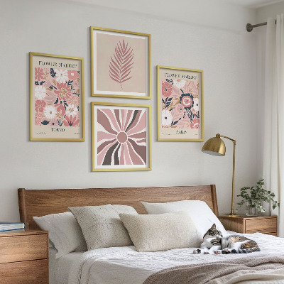 Conjunto de 4 quadros com moldura Padrões florais, folhas, geometria
