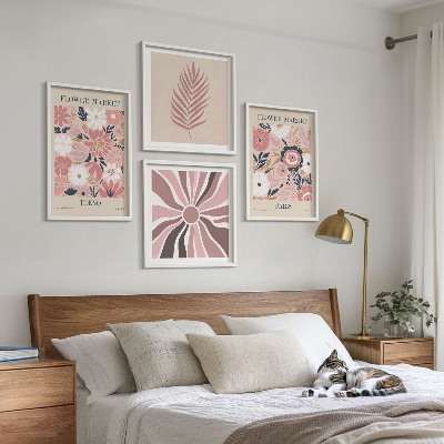 Conjunto de 4 quadros com moldura Padrões florais, folhas, geometria
