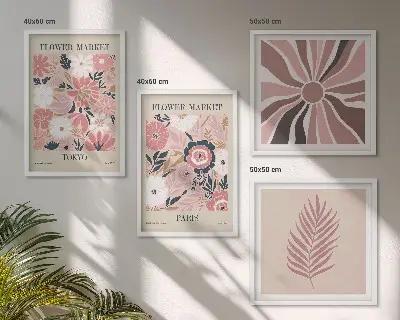 Conjunto de 4 quadros com moldura com padrões florais, folhas e geometria