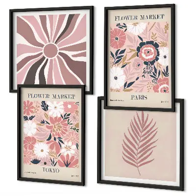 Conjunto de 4 quadros com moldura com padrões florais, folhas e geometria