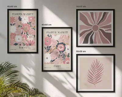 Conjunto de 4 quadros com moldura com padrões florais, folhas e geometria