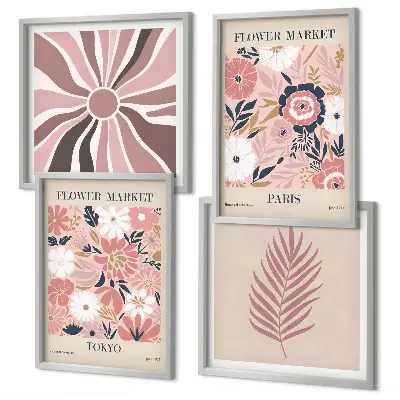 Conjunto de 4 quadros com moldura com padrões florais, folhas e geometria