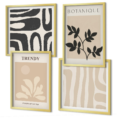 Composição de quadros Estampas florais elegantes em tons de bege e preto.