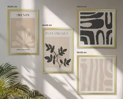 Composição de quadros com estampas florais elegantes em tons de bege e preto