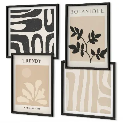 Composição de quadros com estampas florais elegantes em tons de bege e preto