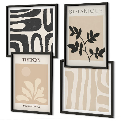 Composição de quadros Estampas florais elegantes em tons de bege e preto.