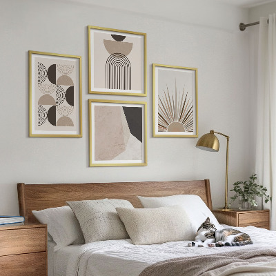 Conjunto de 4 quadros com moldura Formas abstratas em tons de bege e marrom