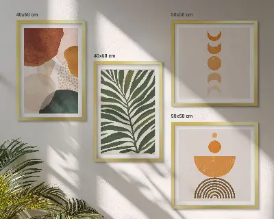 Conjunto de 4 quadros com moldura com estampas de formas abstratas de folhas