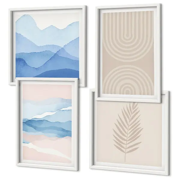 Conjunto de 4 quadros com moldura com estampas de ondas de folhas em tons de bege e azul