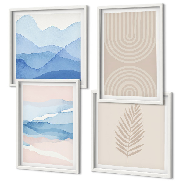 Conjunto de 4 quadros com moldura Ondas de folhas bege azul