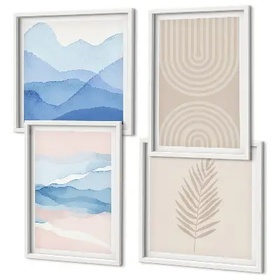 Conjunto de 4 quadros com moldura com estampas de ondas de folhas em tons de bege e azul
