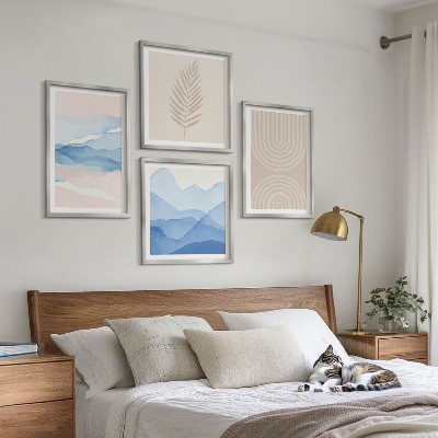 Conjunto de 4 quadros com moldura Ondas de folhas bege azul