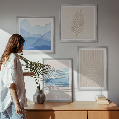 Conjunto de 4 quadros com moldura Ondas de folhas bege azul