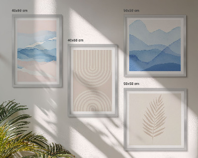 Conjunto de 4 quadros com moldura Ondas de folhas bege azul
