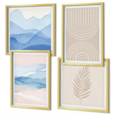 Conjunto de 4 quadros com moldura com estampas de ondas de folhas em tons de bege e azul